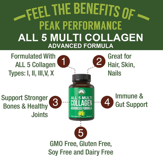 Peak Performance All 5 Multi-Collagen Capsules 90 Pills Of Grass Fed Peptides Protein. With All 5 Collagen Types I, Ii, Iii,V, X. Grass Fed Beef, Fish, Chicken, Bone Broth Supplement