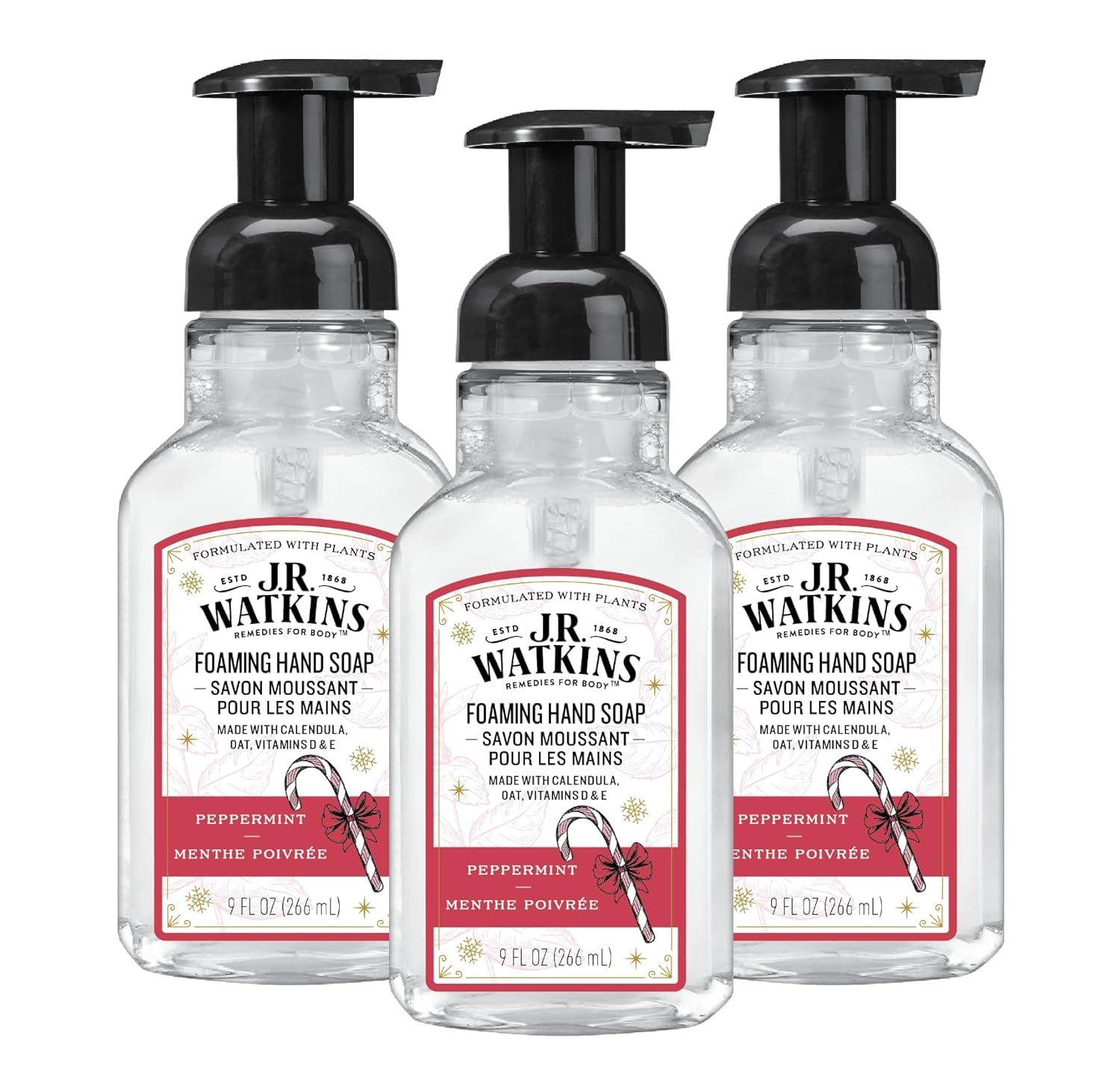 J.R. Watkins Foaming Hand Soap With Pump Dispenser, Moisturizing Foam Hand Wash, All Natural, Alcohol-Free, Cruelty-Free, Usa Made, Peppermint, 9 Fl Oz, 3 Pack