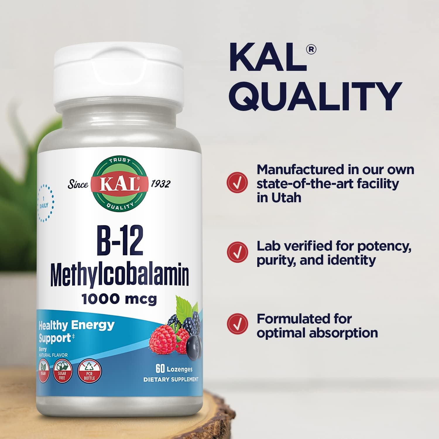 KAL Vitamin B-12 Methylcobalamin Lozenges 1000mcg, Healthy Energy, Metabolism, Nerve & Red Blood Cell Support,* Optimal Absorption, Natural Berry Flavor, Vegan, Sugar Free, 60 Servings, 60 Lozenges : Health & Household