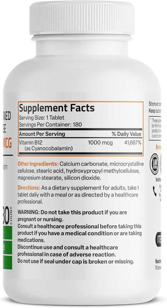 Bronson Vitamin B12 1000 Mcg (B12 Vitamin As Cyanocobalamin) Sustained Release Premium Non Gmo Tablets Supports Nervous System, Healthy Brain Function And Energy Production, 180 Tablets