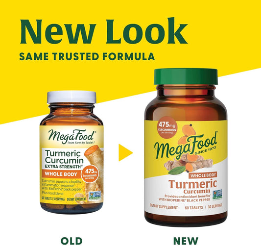 Megafood Turmeric Curcumin Extra Strength - Whole Body - Turmeric Curcumin With Black Pepper- 475Mg Curcuminoids - Holy Basil, Tart Cherry - Made Without 9 Food Allergens - 120 Tabs (60 Servings)