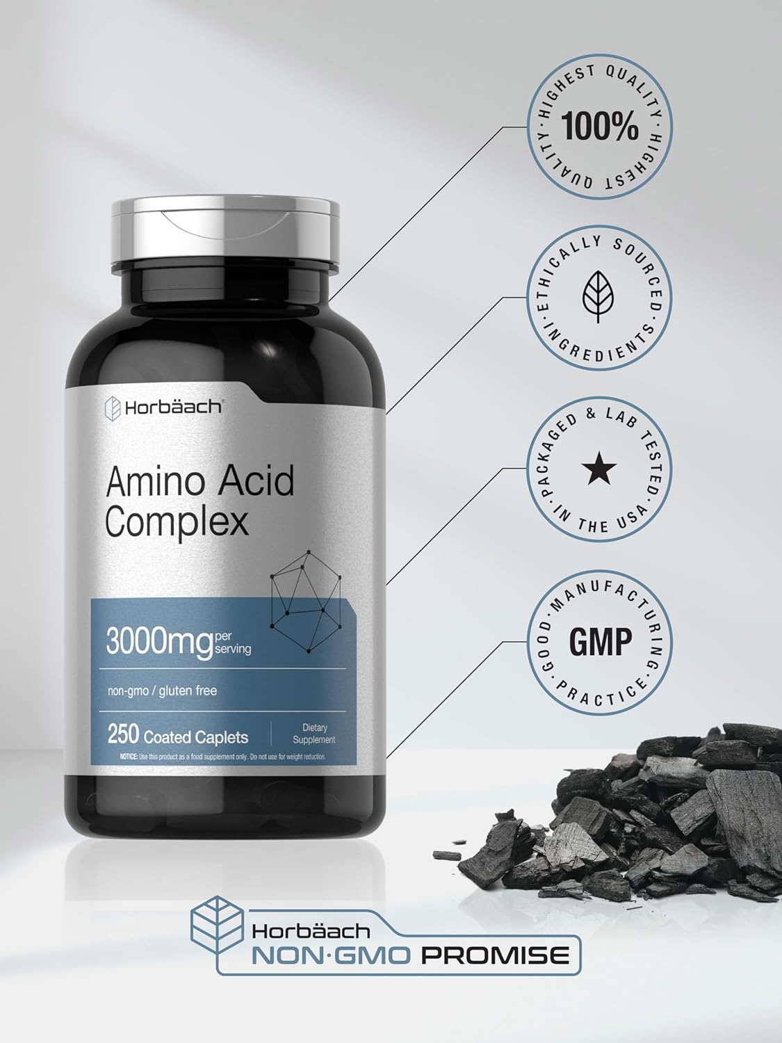 Horbäach Amino Acid Complex 3000mg | 250 Caplets | Non-GMO, Gluten Free Supplement