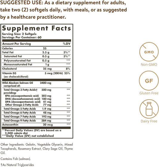 Solgar Wild Alaskan Full Spectrum Omega Softgels Supports Heart Brain Bone And Skin Health Provides Vitamin D3 Rich Source Of Epa Dha Non Gmo Gluten & Dairy Free 60 Servings, 120 Count