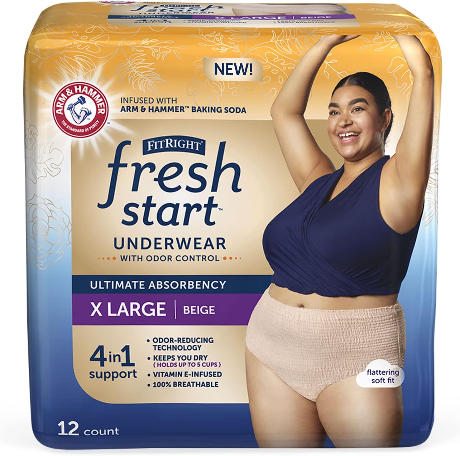 Fitright Fresh Start Incontinence And Postpartum Underwear For Women, Xl, Beige (12 Count) Ultimate Absorbency, Disposable Underwear With The Odor-Control Power Of Arm And Hammer