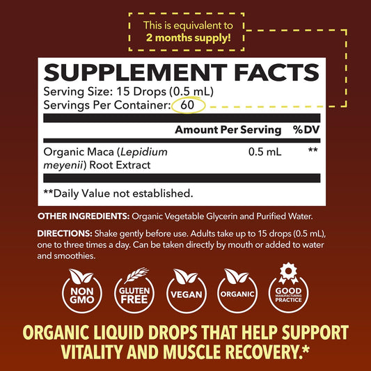 Organic Maca Root Drops Liquid | Supports Endurance, Mood, And Performance In Men & Women | Black Maca To Promote Overall Health & Support Fertility | Alcohol Free, Non-Gmo, Vegan, Unflavored, 30Ml