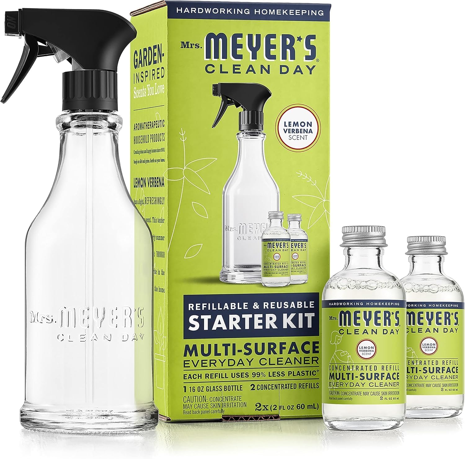 Mrs. Meyer'S Clean Day Multi-Surface Cleaner Dispenser And Concentrate Starter Kit, 1 Glass Dispenser (16 Fl. Oz.) And 2 Concentrated Refills (2 Fl. Oz. Each), Lemon Verbena, Makes 32 Fl. Oz. Total