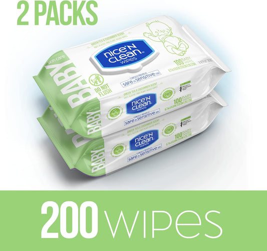 Nice 'N Clean Skin Care Baby Wipes Scented 100Ct (2-Pack) | Safe On Sensitive Skin | Green Tea & Cucumber Scent | 100% Plastic-Free