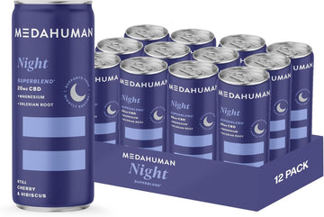 Medahuman Cbd Still Drink (20Mg), Night, Sour Cherry & Hibiscus, With Valerian Root, Vitamin D3 & Magnesium,Adaptogens & Cbd Sleep Aid & Anxiety Relief Drink (Pack Of 12 X 250Ml),Packaging May Vary