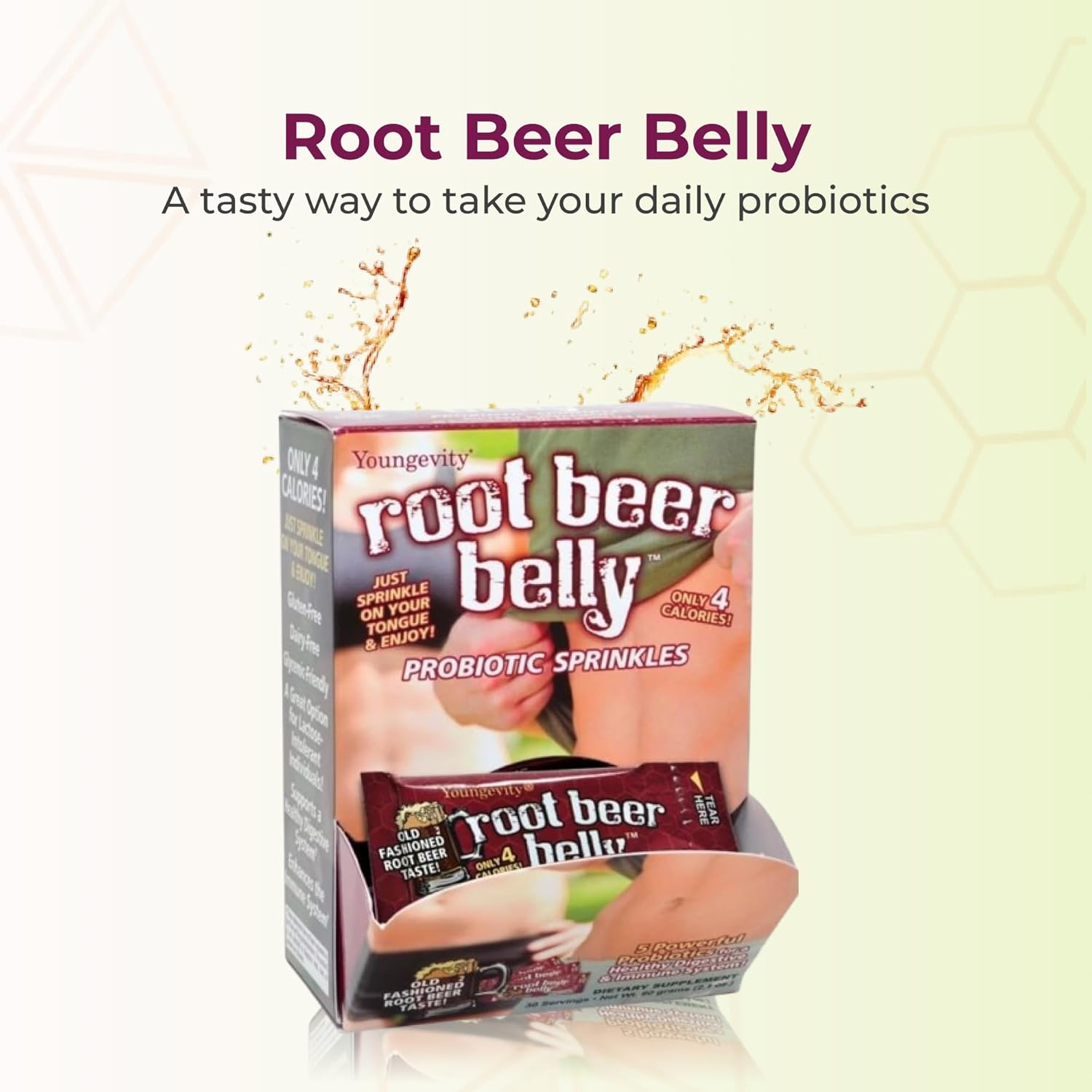 Youngevity Root Beer Belly Probiotic Sprinkles - Kid Friendly Old Fashioned Root Beer Taste - 5 Billion Cfu - 5 Powerful Strains - Bowel & Digestive Support - 30 Count