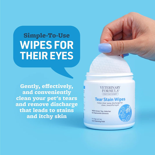 Veterinary Formula Smart Coat Complex Tear Stain Wipes for Dogs & Cats, 100 ct – Gently Wipe Away Debris and Clean Stains Around The Eyes of Pets, Fragrance-Free and Pre-Saturated