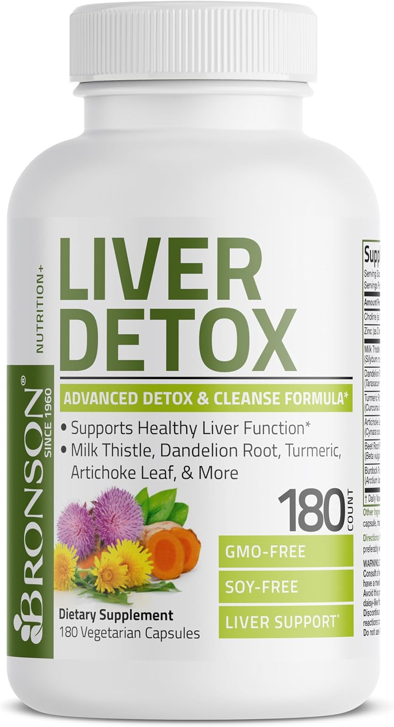 Bronson Liver Detox Advanced Detox & Cleansing Formula Supports Health Liver Function with Milk Thistle, Dandelion Root, Turmeric, Artichoke Leaf & More, Non-GMO, 180 Vegetarian Capsules : Health & Household