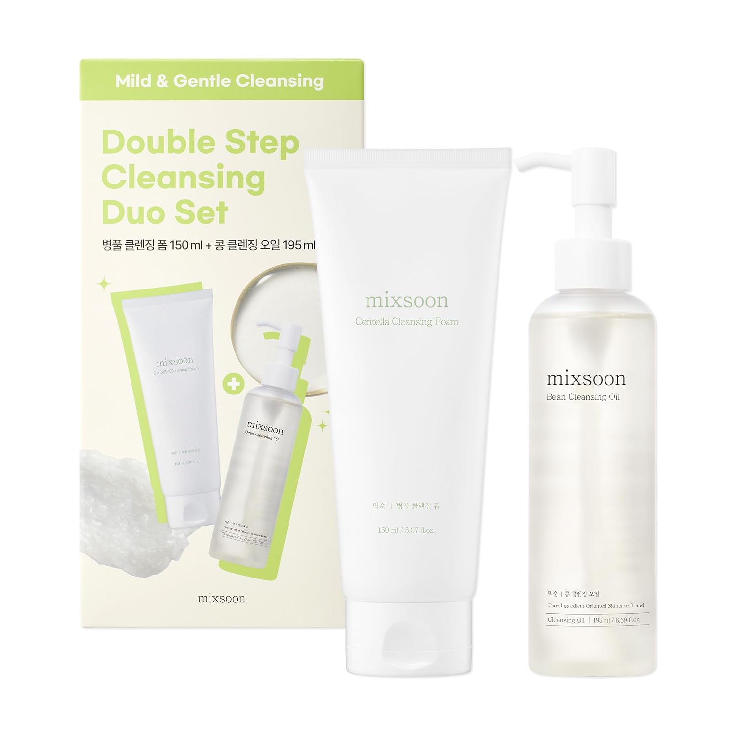 Mixsoon Cleansing Set - Centella Foam 5.07 Fl. Oz / 150Ml & Bean Oil 6.59 Fl. Oz / 195Ml (Double Cleansing Set) Korean Glass Skin Care