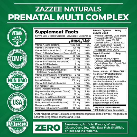 Zazzee Extra Strength Complete Prenatal Multi Complex, 120 Vegan Capsules, 2 Month Supply, 23 Essential Vitamins & Minerals, Mk7, 10 Billion Cfu Probiotics, Prenatal Enzymes, Organic Herbal Blend