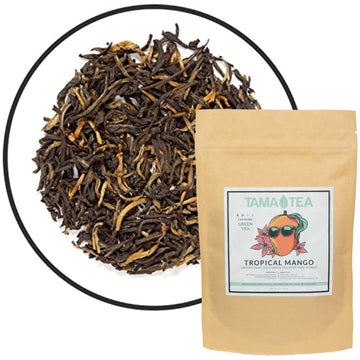 Tama Tea Tropical Mango Premium Loose Leaf Green Tea - Rich & Aromatic Antioxidant Green Tea - Hot & Iced Tea - Finest Natural Flavor Mango Bits & Pan Fired Green Tea - 3.0 Ounce
