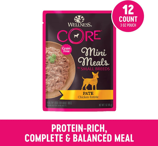 Wellness Core Natural Grain Free Small Breed Mini Meals Wet Dog Food, Pate Chicken Entrée, 3-Ounce Pouch (Pack Of 12)