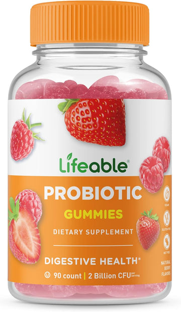 Lifeable Probiotics - 2 Billion CFU - Great Tasting Natural Flavor Gummy Supplement - Gluten Free Vegetarian Probiotic Chewable - for Gut Health and Immune Support - for Adults, Man Women - 90 Gummies