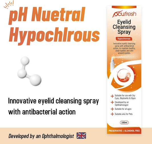 Ocufresh Eyelid Cleansing Spray - Hypochlorous - Mgd, Blepharitis & Stye Relief - Antibacterial, Alcohol & Fragrance-Free, Ph Neutral - With Atomizer Spray- Daily Use-100Ml
