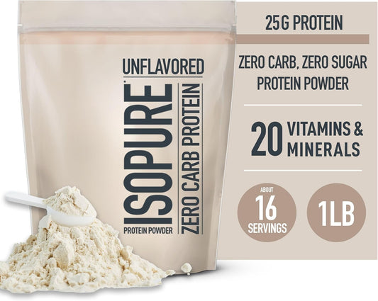 Bundle Of Isopure Unflavored Whey Protein Isolate, 25G Protein, Zero Carb, 16 Servings, 1 Pound (Packaging May Vary) + Collagen Peptides Powder, 14 Servings, Unflavored, With Vitamin C, With Biotin