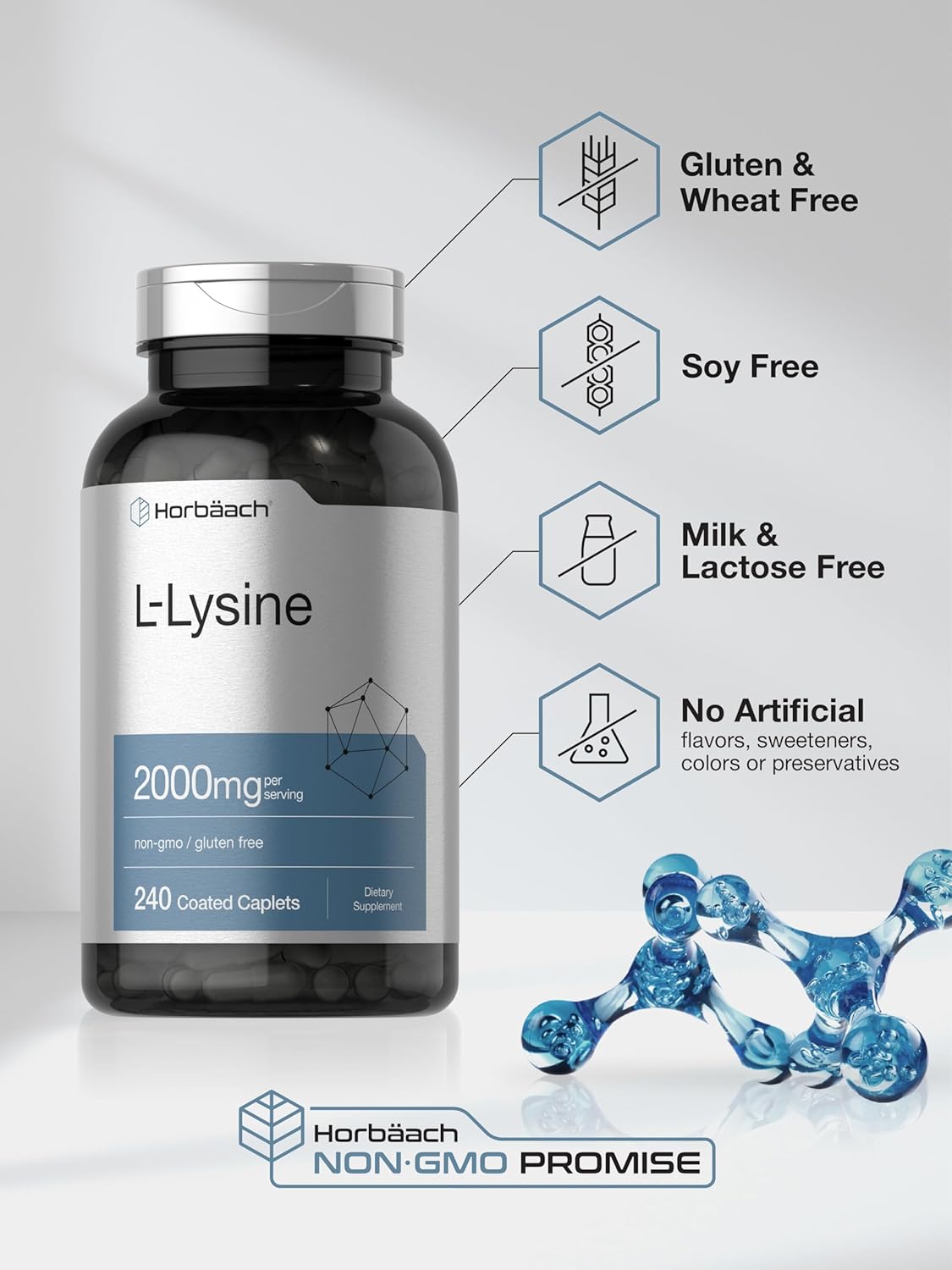 Horbäach L-Lysine | 2000mg | 240 Caplets | Vegetarian, Non-GMO, and Gluten Free Supplement : Health & Household