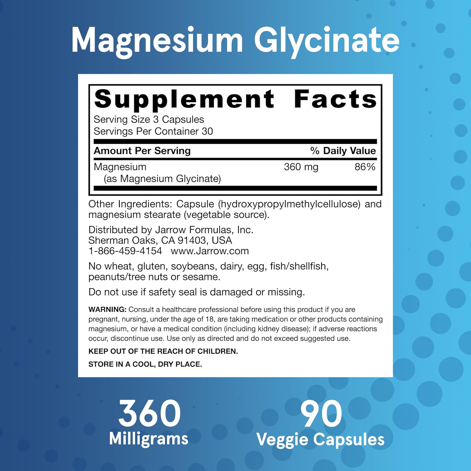 Jarrow Formulas Magnesium Glycinate Veggie Capsules - 360 Mg Magnesium Per Serving, Supports Relaxation And Healthy Sleep, 90 Count, 30 Day Supply