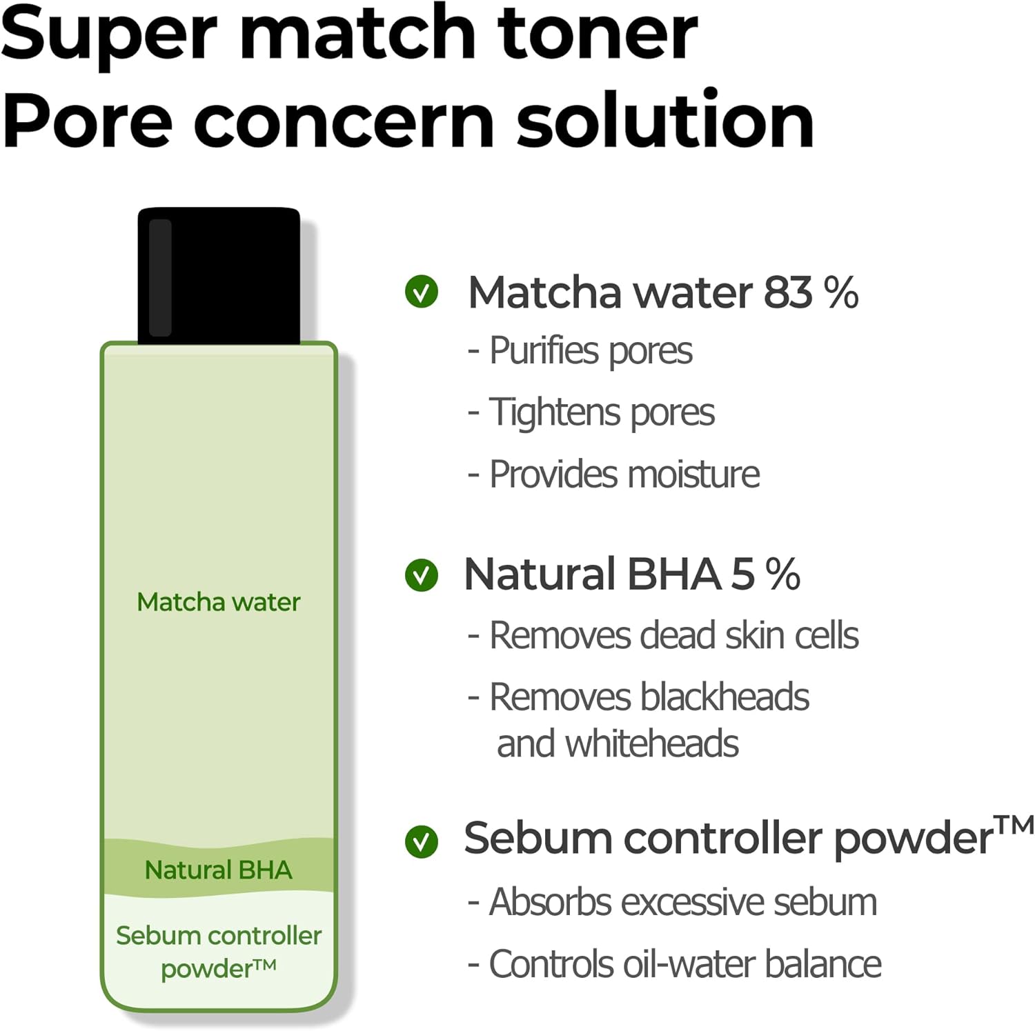 Some By Mi Super Matcha Pore Tightening Toner - 5.07Oz, 150Ml - Made From Matcha Extracts For Sensitive Skin - Skin Moisturizing And Purifying - Blackheads, Sebum And Pore Care - Korean Skin Care