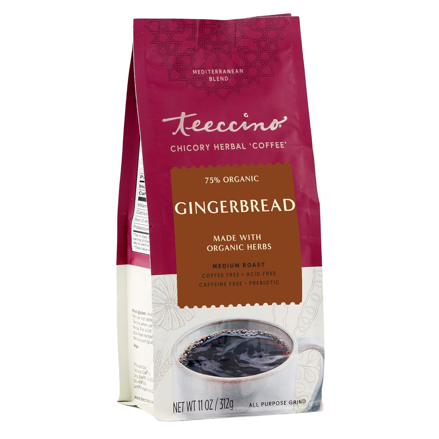 Teeccino Gingerbread Chicory Coffee Alternative - Holiday Dessert Beverage That’S Prebiotic, Caffeine-Free & Acid Free, Medium Roast, 11 Ounce