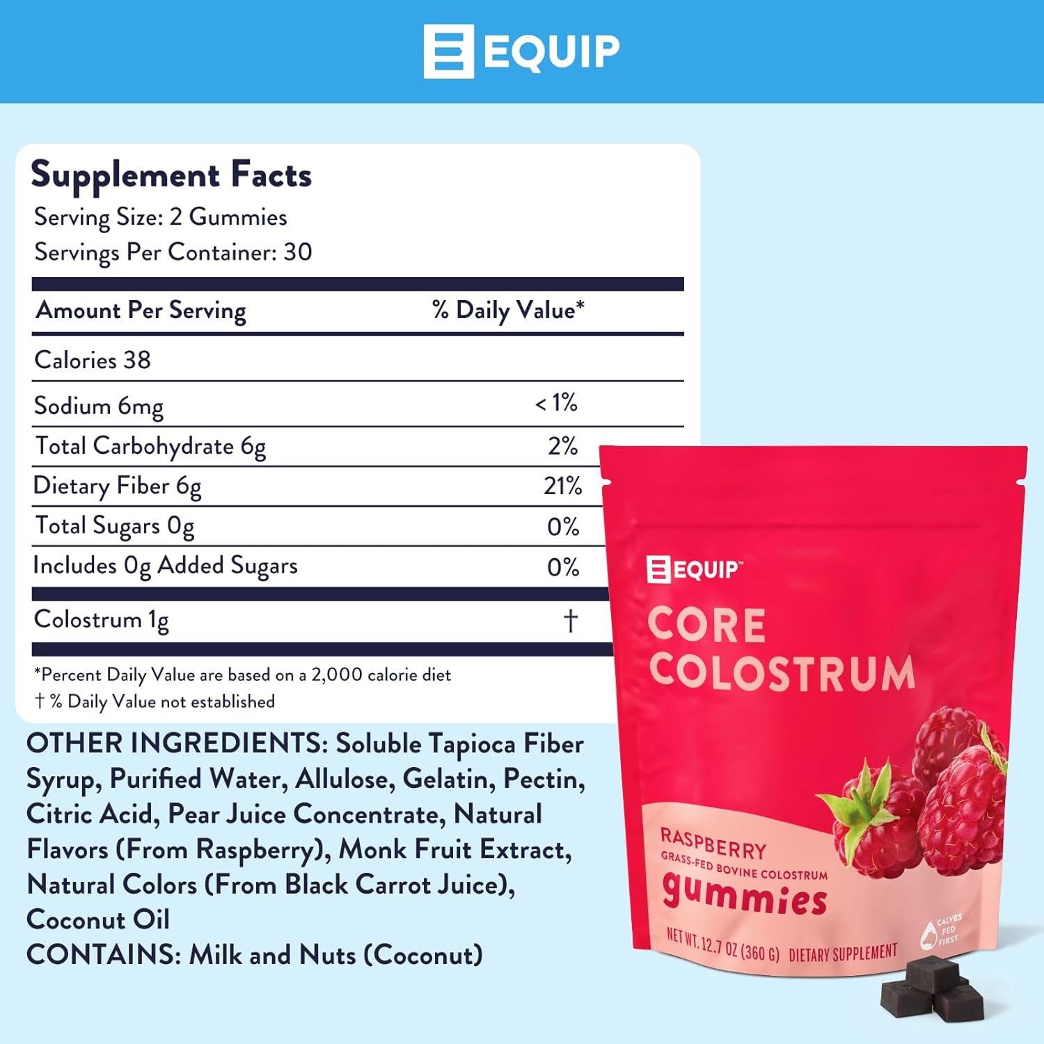 Equip Foods Core Colostrum Gummies - Delicious and Convenient - 1g Ultra-Premium Grass Fed Colostrum Per Serving - Gut Health, Immunity, Hair and Skin - 60 Gummies (Pack of 1, Raspberry) : Health & Household