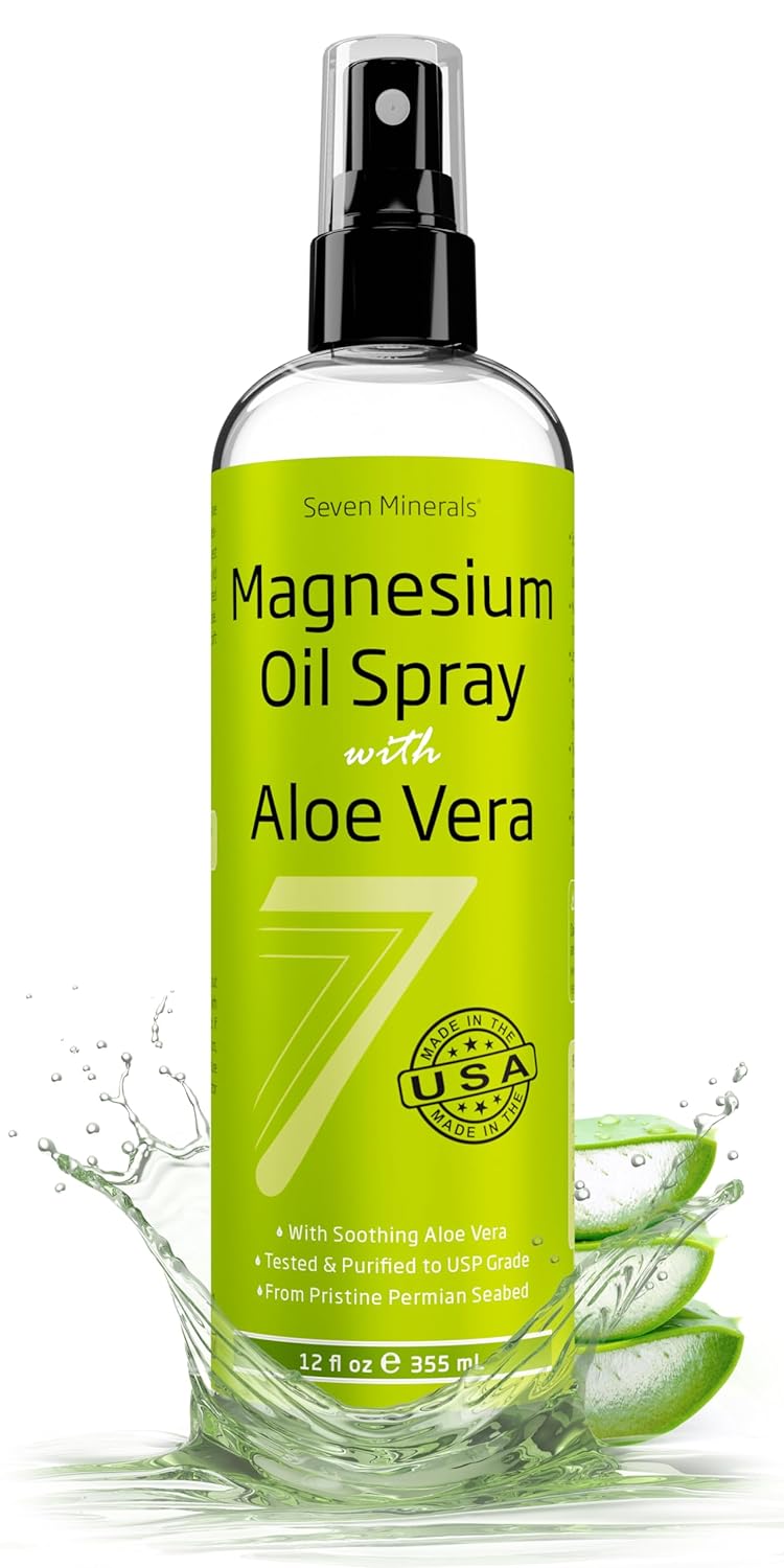 Seven Minerals, Magnesium Oil Spray With Aloe Vera - Less Itchy - Use As Magnesium Spray Deodorant - Made In Usa - Get Healthy Hair & Skin And Sleep Better - Free Ebook Included (Big 12 Oz)