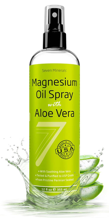 Seven Minerals, Magnesium Oil Spray With Aloe Vera - Less Itchy - Use As Magnesium Spray Deodorant - Made In Usa - Get Healthy Hair & Skin And Sleep Better - Free Ebook Included (Big 12 Oz)