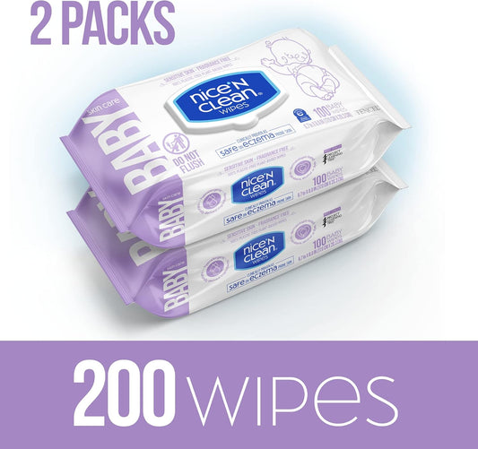 Nice 'N Clean Skin Care Baby Wipes Unscented 100Ct (2-Pack) | Ideal For Sensitive Skin | Safe On Eczema Prone Skin | 100% Plastic-Free