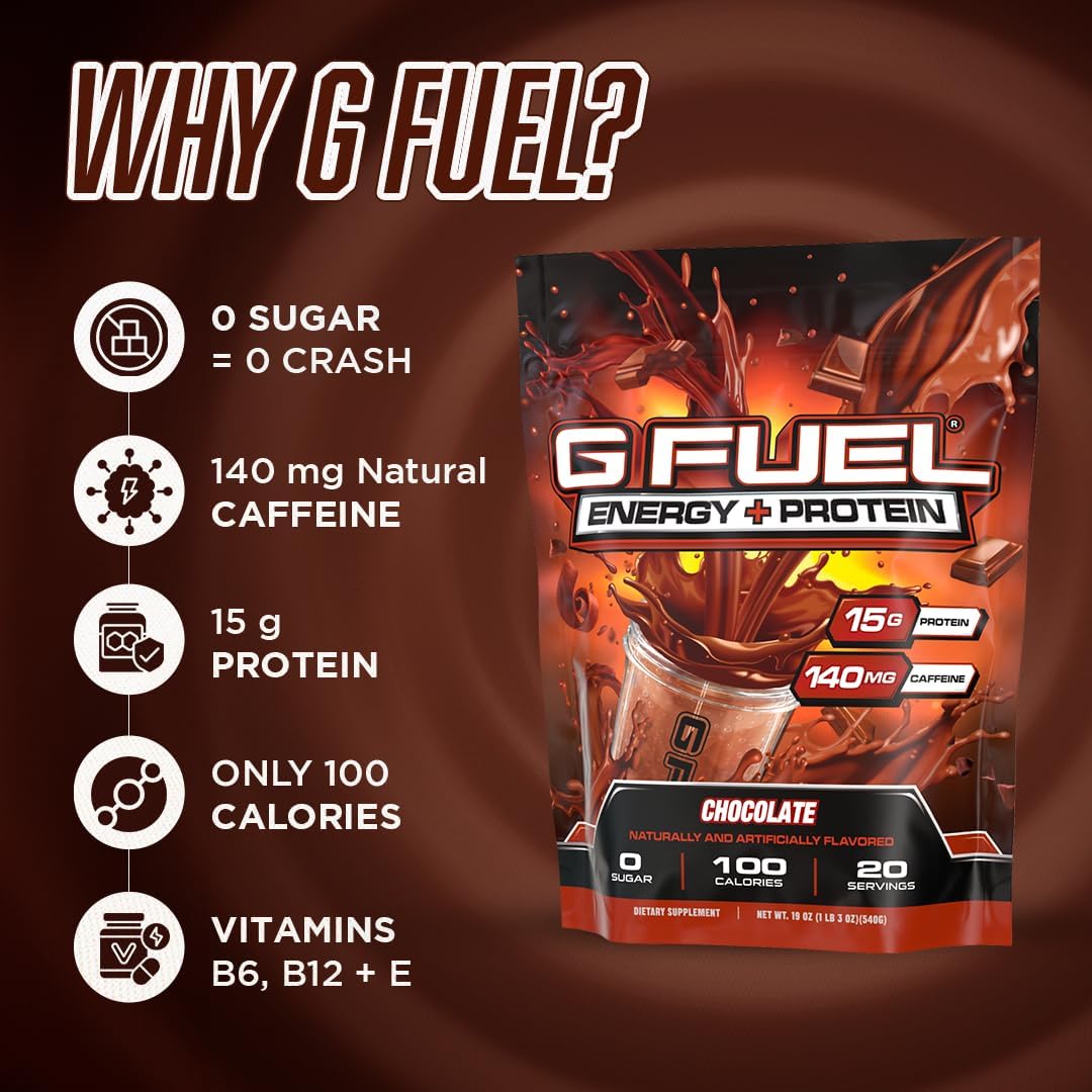 G Fuel Energy + Protein Powder Mix, Chocolate Flavor, Sugar Free, Clean Caffeine Focus Supplement, Metabolism Support, Focus nootropics, Vitamin + Antioxidant Blend, 19 oz (20 Servings) : Health & Household