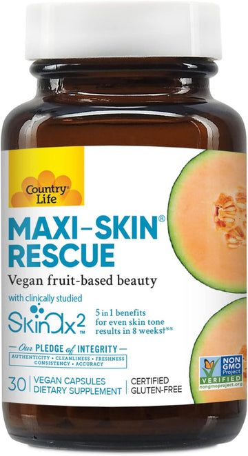 Country Life Maxi-Skin Rescue, Vegan Fruit-Based Beauty, 30 Vegan Capsules, Certified Gluten Free, Certified Vegan, Certified Non-Gmo Verified