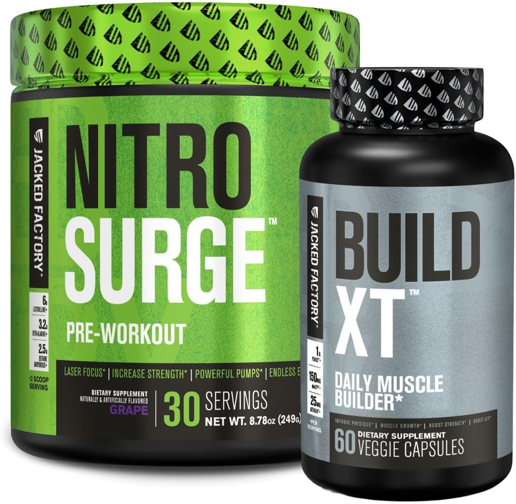 Jacked Factory Nitrosurge Pre-Workout In Grape & Build Xt Muscle Building Bundle For Men & Women