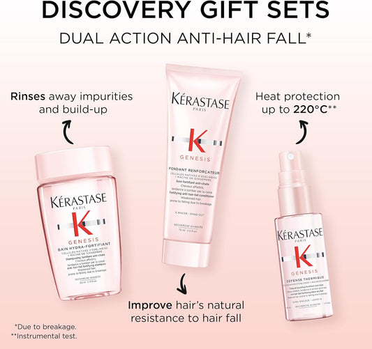 Kérastase Genesis Travel-Size Discovery Gift Set, With Shampoo, Conditioner And Blow-Dry Spray, Nourishing And Fortifying Routine, For Weakened Hair, Infused With Ginger Root And Edelweiss Flower