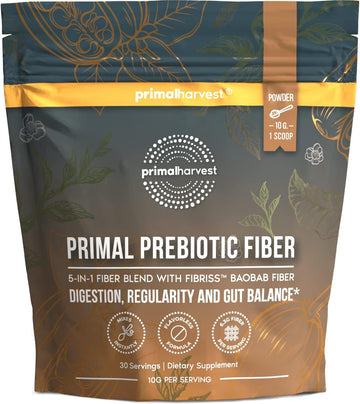 Primal Harvest Prebiotic Fiber Powder Unflavored, 30 Servings 5 In 1 Daily Supplement With Organic Acacia And Fibriss Organic Baobab Powder