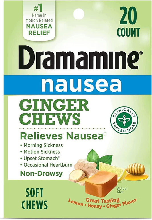 Dramamine Ginger Chews, Helps With Nausea, Lemon Honey Ginger Flavor, 20 Soft Chews (Pack Of 2)