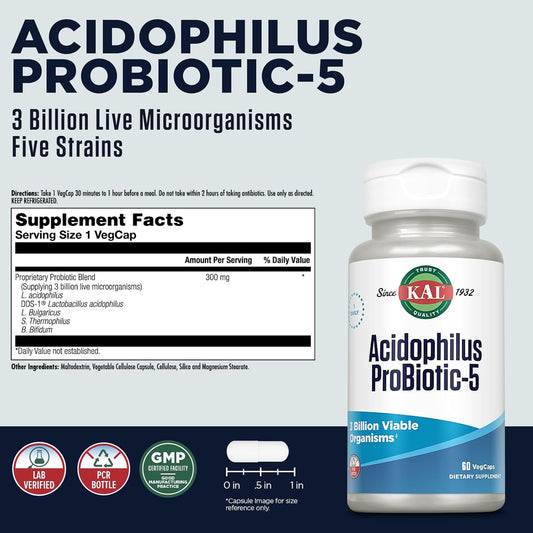 Kal Acidophilus Tablets, Probiotic-5 Capsules, 3 Bil, 60 Count