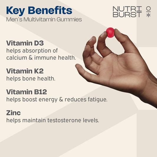 Nutriburst Men’S Multivitamin - Immune System & Mental Performance - Contains 16 Micronutrients; B2, B3, B5, B6, B12, A, C, D - Vegan Sugar Free Supplement - 60 Berry Gummies - 1 Month Supply