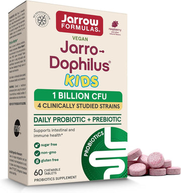 Jarrow Formulas Jarro-Dophilus Kids Probiotics And Prebiotics, 1 Billion Cfu, Supplement For Intestinal And Immune Health Support, 60 Sugar-Free Raspberry-Flavored Chewable Tablets, 30 Day Supply