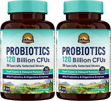 Vitalitown Probiotics 120 Billion Cfus | 36 Strains, With Prebiotics & Digestive Enzymes For Men Women | Shelf Stable | Digestive & Immune Support | Vegan | 60 Delayed Release Veg Caps