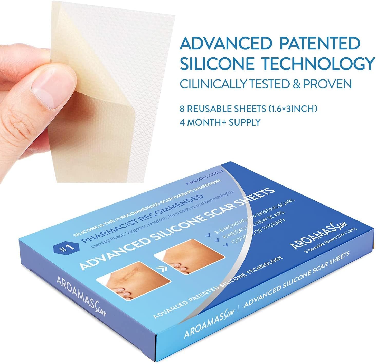 Aroamas Scar Silicone Scar Tape– Softens & Flattens Scars From Surgery, Injury, Burns, C-Section, Scratch Marks – Reusable Medical-Grade Silicone Scar Sheets For All Skin Types [3"X1.57", 8 Sheets] : Health & Household