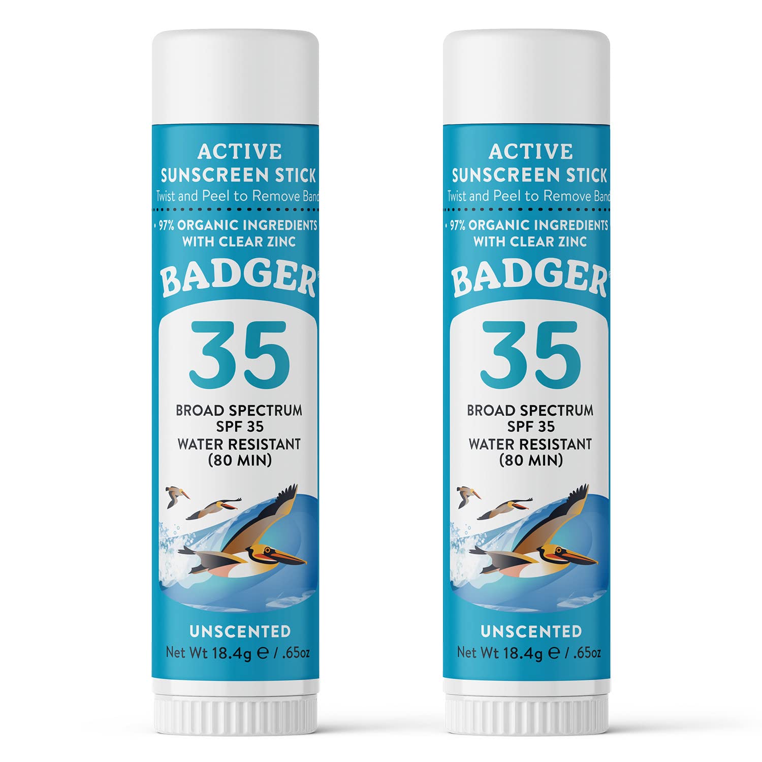 Badger Face Sunscreen Stick Spf 35 With Mineral Zinc Oxide, Travel Size Sunscreen, 97% Organic Ingredients, Reef Friendly Spf Stick Sunscreen For Face, Unscented, 0.65 Oz(2 Pack)