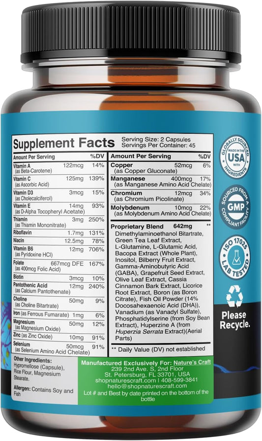 Advanced Nootropics Brain Support Supplement - Synergetic Mental Energy and Focus Supplement with Vitamins for Cognitive Enhancement - Mind and Memory Supplement for Brain Health 45 Servings