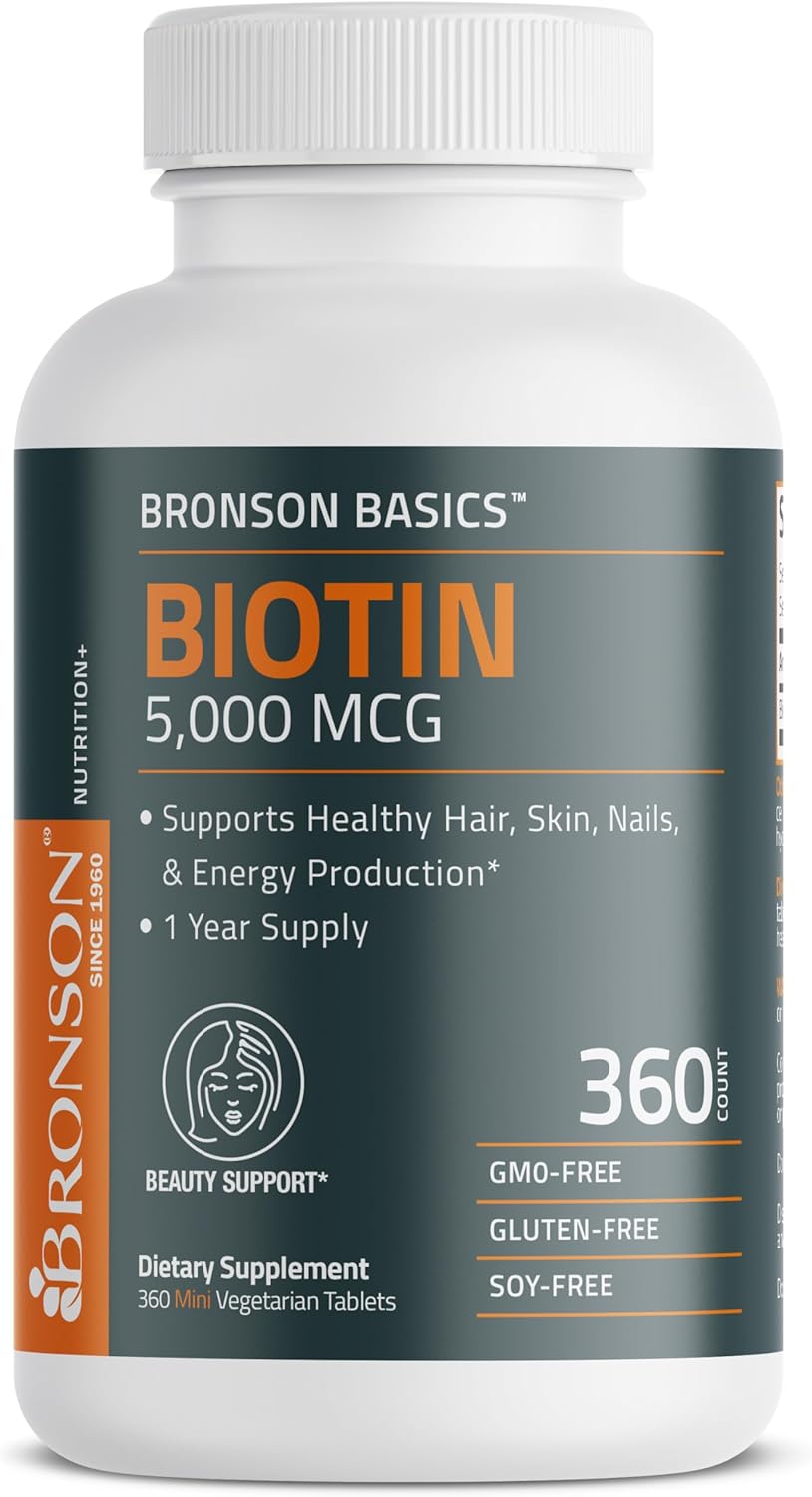 Bronson Biotin 5,000 MCG Supports Healthy Hair, Skin & Nails & Energy Production - High Potency Beauty Support - Non-GMO, 360 Vegetarian Tablets : Health & Household