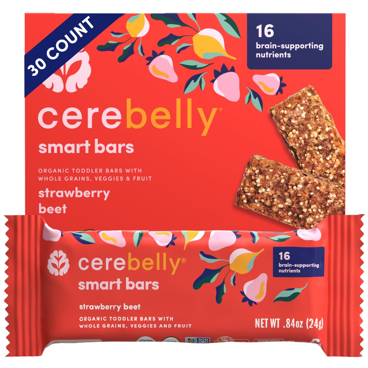 Cerebelly Organic Toddler Snack Bars – Strawberry Beet (Pack of 30), Healthy Bars with Veggies & Fruit, 16 Brain Supporting Nutrients, Nut-Free, Made with Gluten-Free Ingredients, No Added Sugar