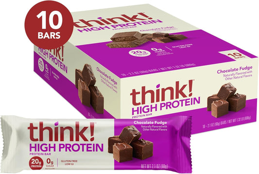 Think! Protein Bars, High Protein Snacks, Gluten Free, Kosher Friendly, Chocolate Fudge, Nutrition Bars, 2.1 Oz Per Bar, 10 Count (Packaging May Vary)