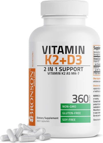 Bronson Vitamin K2 (Mk7) With D3 Supplement Non-Gmo Formula 5000 Iu Vitamin D3 & 90 Mcg Vitamin K2 Mk-7 Easy To Swallow Vitamin D & K Complex, 360 Capsules