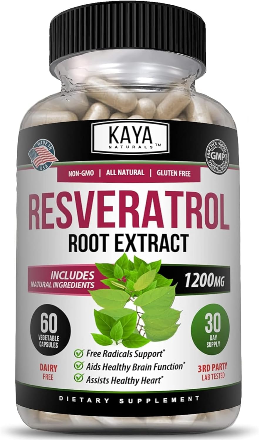 Kaya Naturals - Resveratrol Capsules - Anti Aging Supplement - Antioxidants With Brain Support - Maximum Benefits - 60 Veggies Capsules