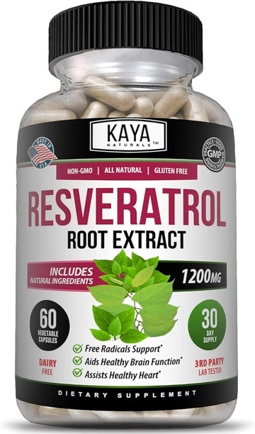 Kaya Naturals - Resveratrol Capsules - Anti Aging Supplement - Antioxidants With Brain Support - Maximum Benefits - 60 Veggies Capsules