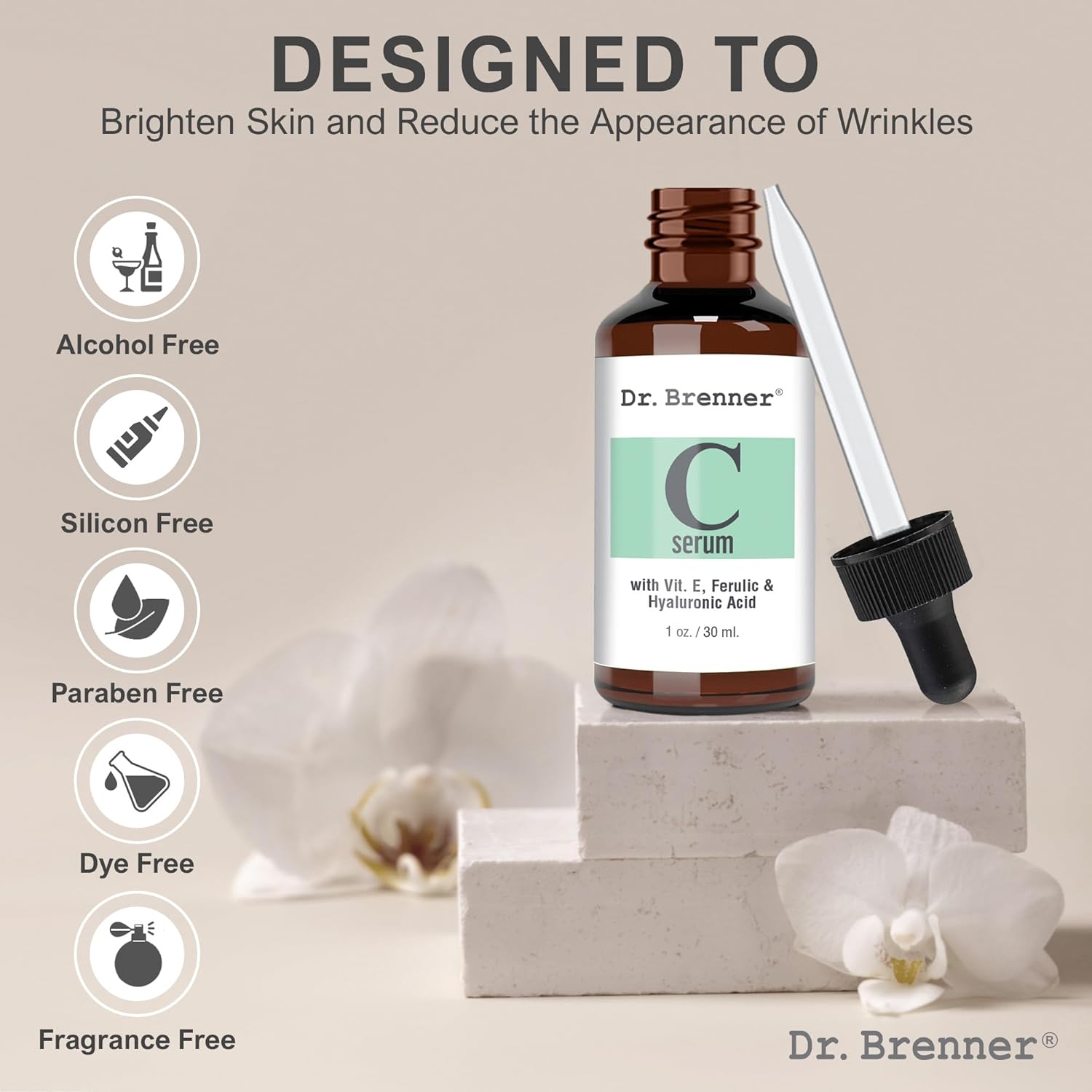 Vitamin C Serum 20% Pure L-Ascorbic Acid, Ferulic Acid, Vitamin E And Hyaluronic Acid For Face And Eyes Natural Anti Aging Anti Wrinkle 1Oz. By Dr. Brenner : Beauty & Personal Care